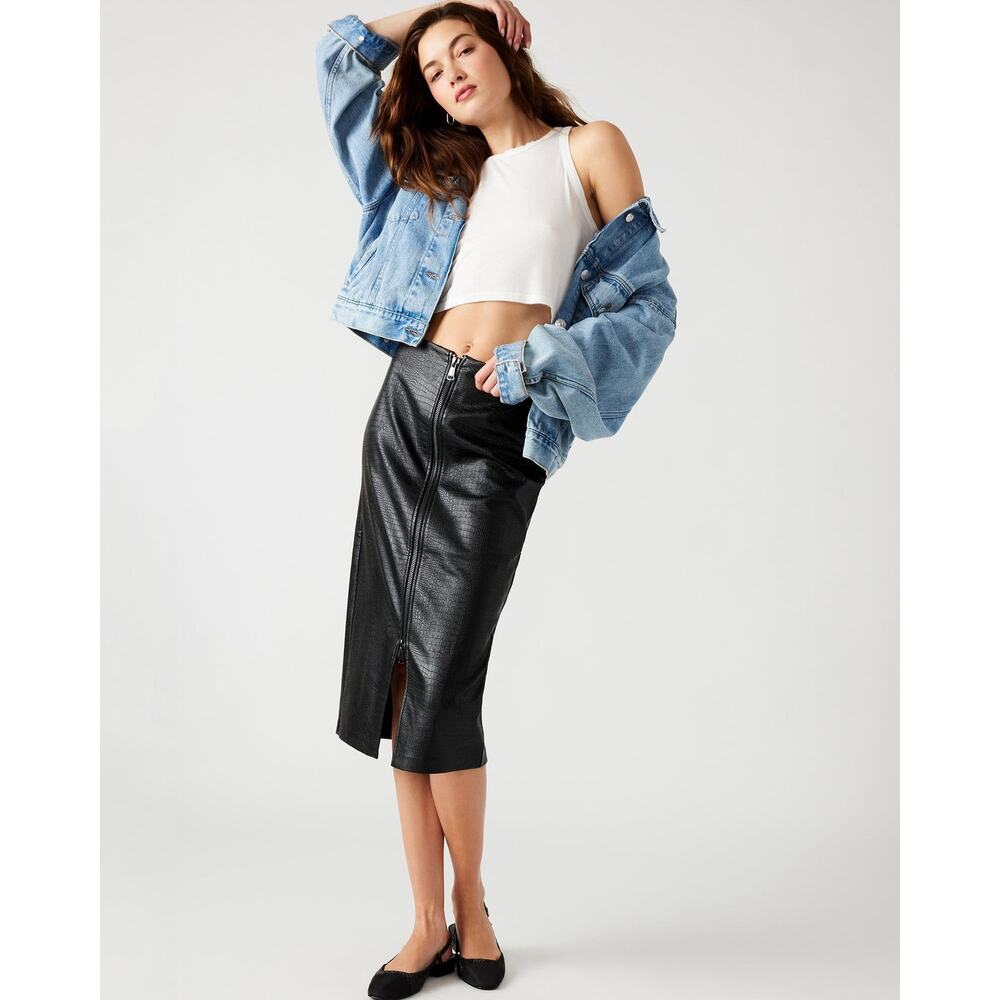 Steve Madden Hayes Faux Croc Embossed Leather Midi Skirt black size 2